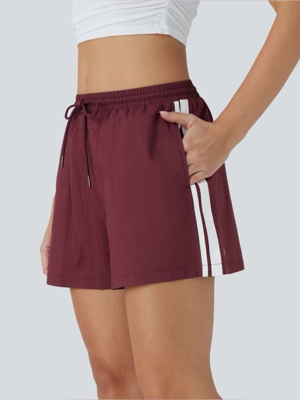 Halara Athletic Shorts Burgundy Side Stripe Drawstring Medium NWOT - Picture 2 of 6